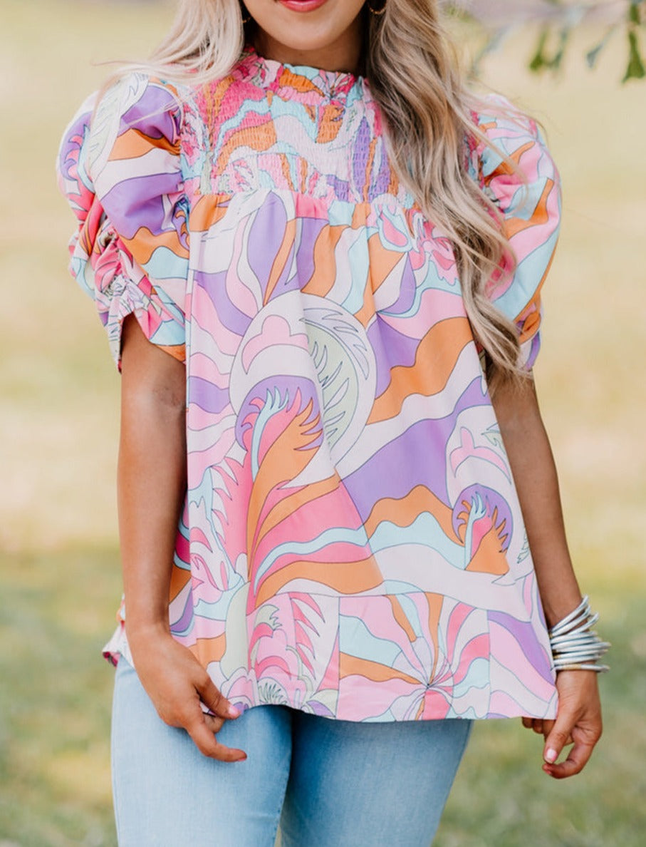 Abstract Print Bubble Sleeve Smock Detail Blouse, S-XL