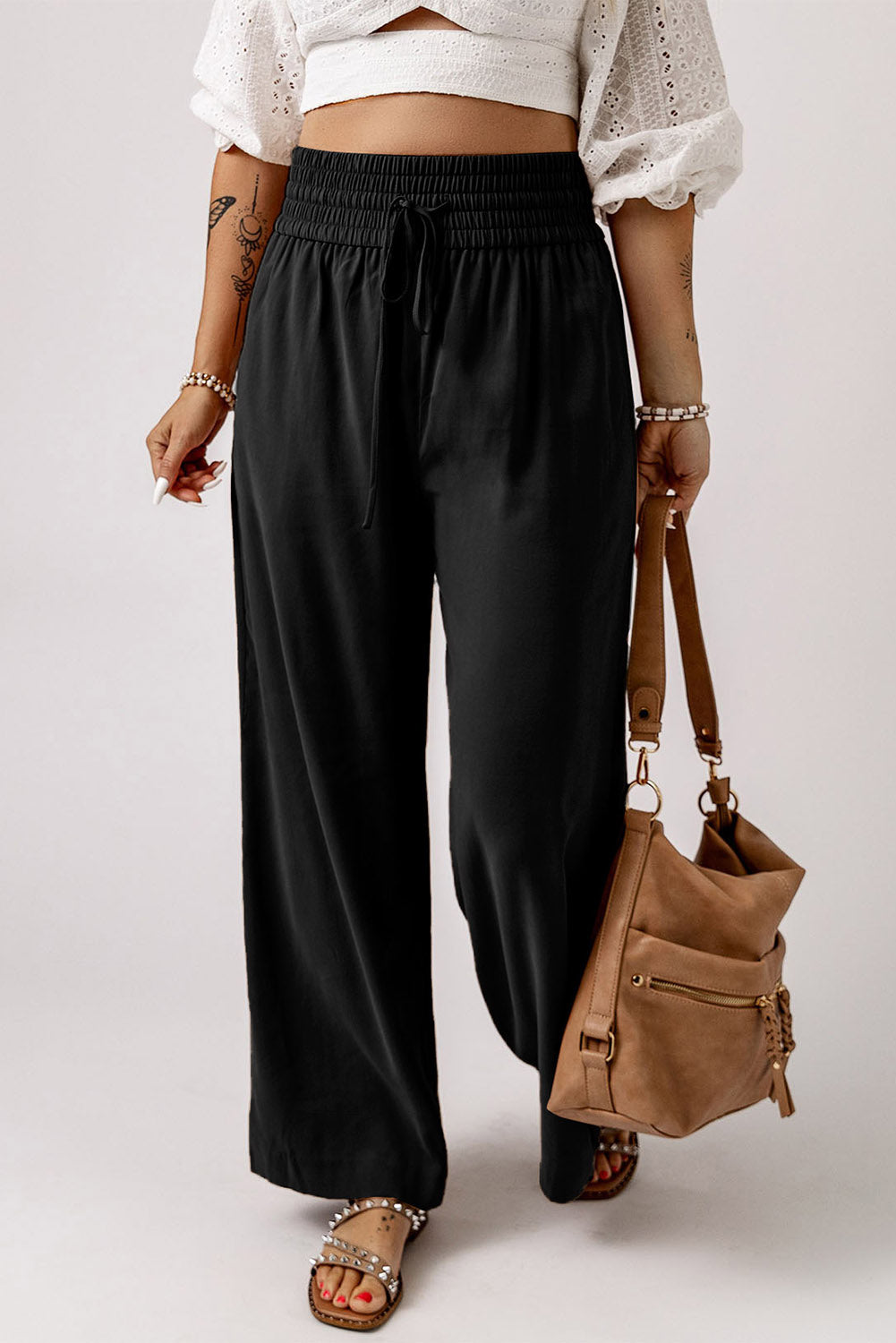 Black Casual Drawstring Shirred Elastic Waist Wide Leg Pants, S-XL