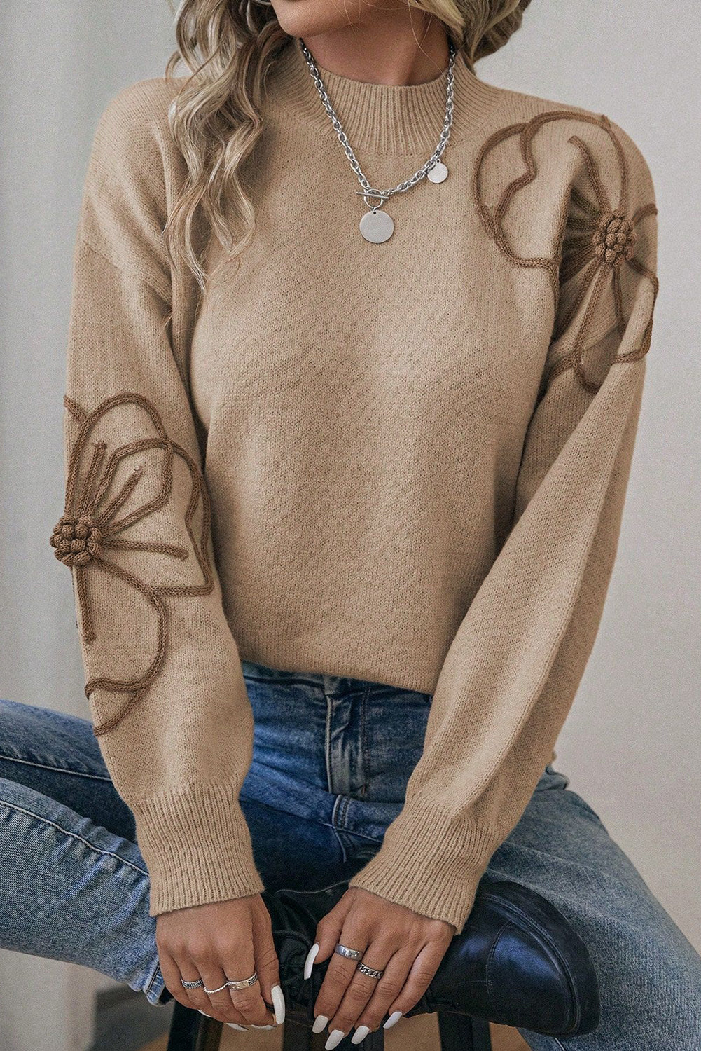 Floral Lantern Sleeve Knit Sweater, S-XL