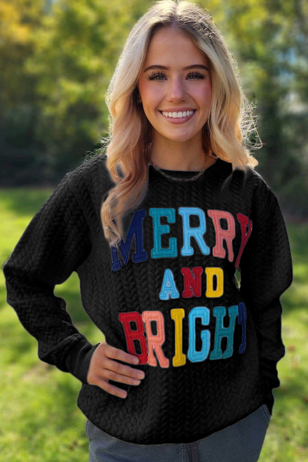 Bright White Merry And Bright Cable Knit Pullover Sweatshirt, S-XL