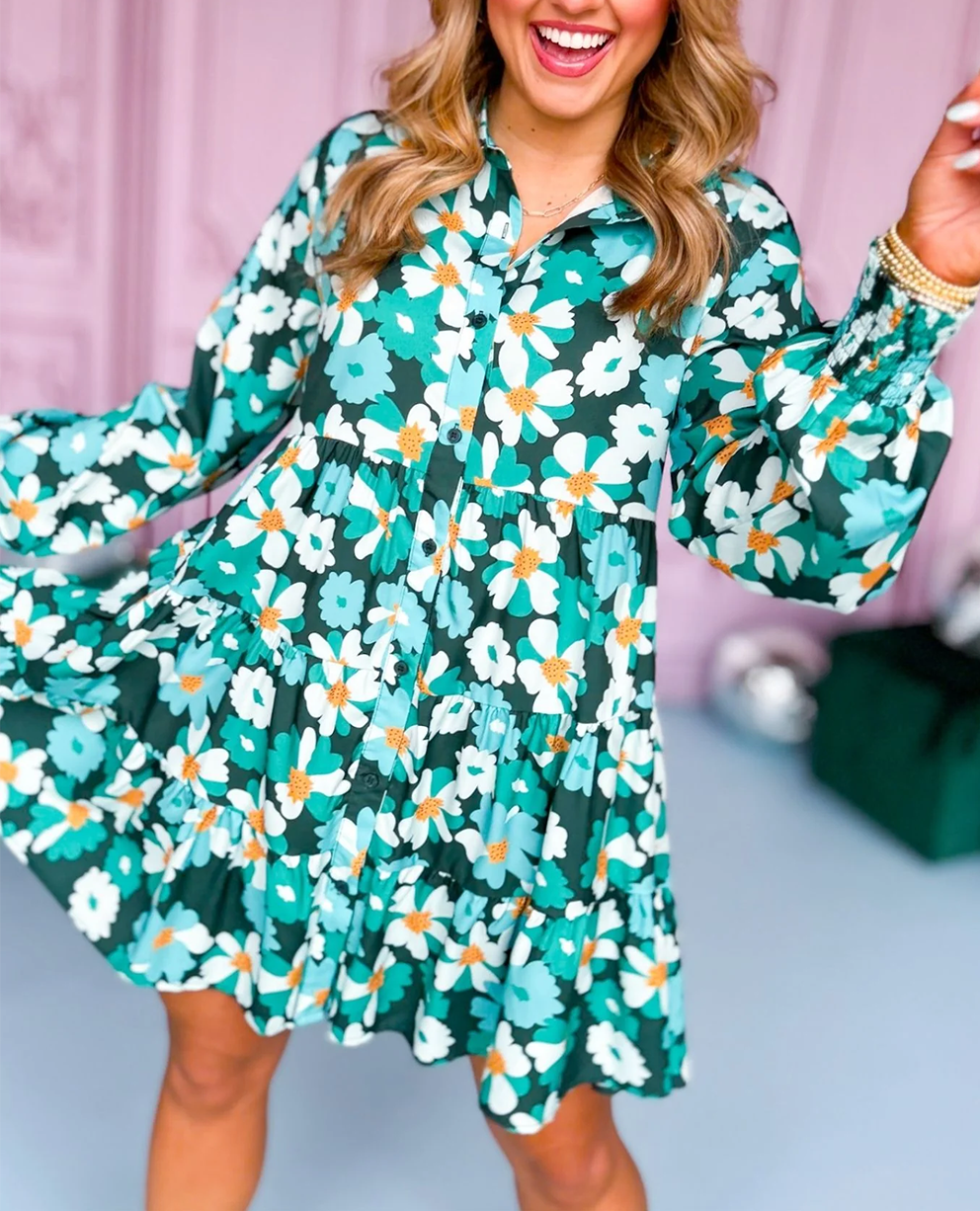 Floral Tiered Long Puff Sleeve Shirt Dress, S-XL