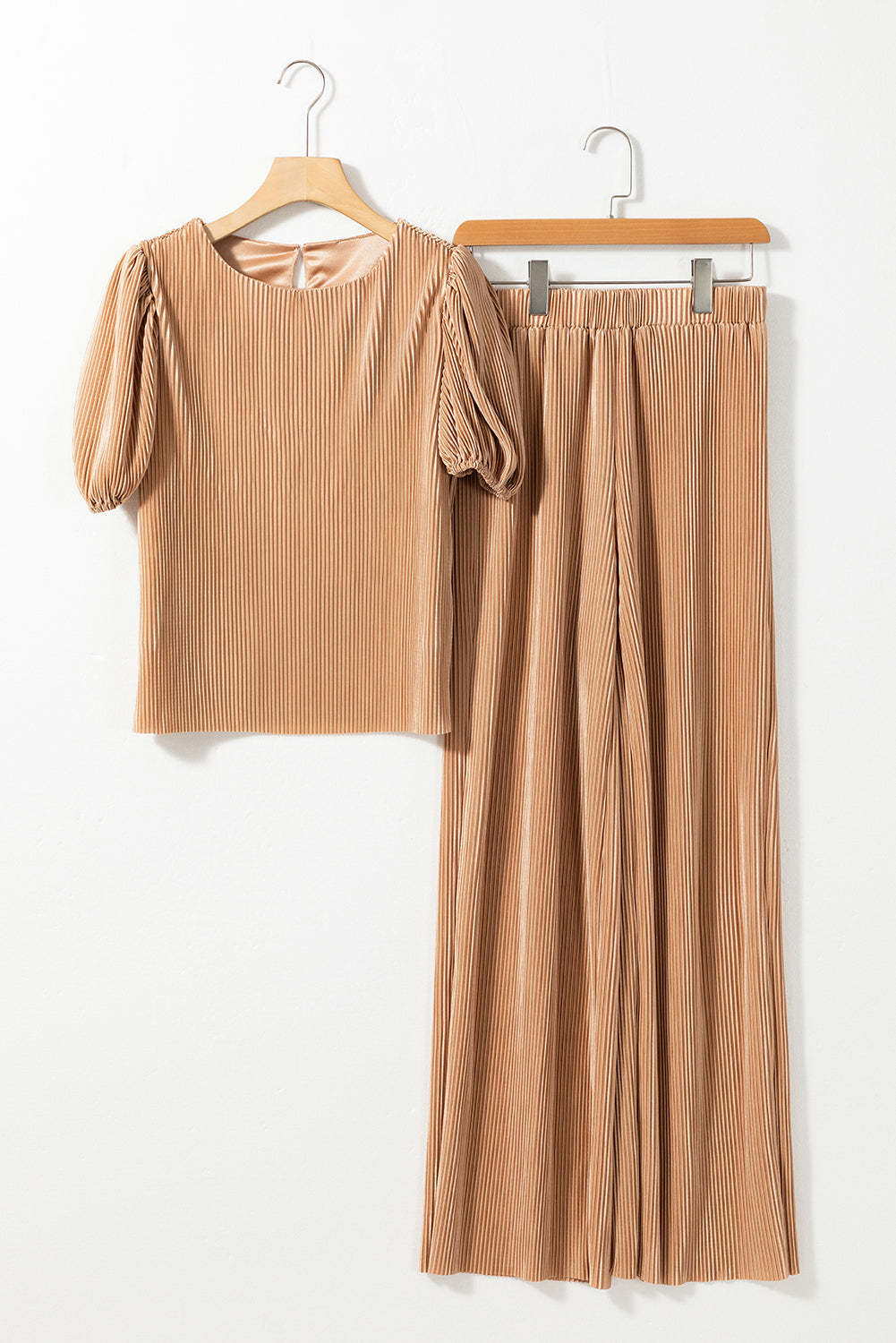 Pleated Bubble Sleeve Top and Wide Leg Pants Set, S-XL