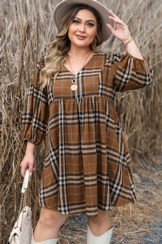 Plaid V Neck Plus Size Babydoll Dress. 1XL-3XL