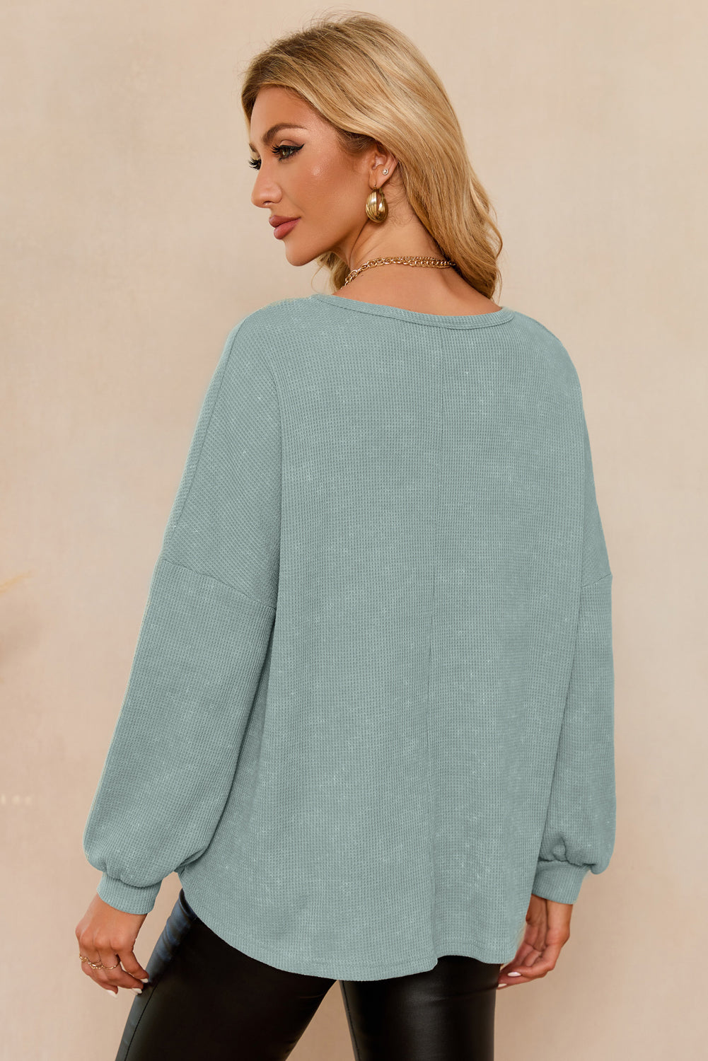 Waffle Knit V Neck Long Sleeve Loose Tunic Top, S-2XL, two color choices