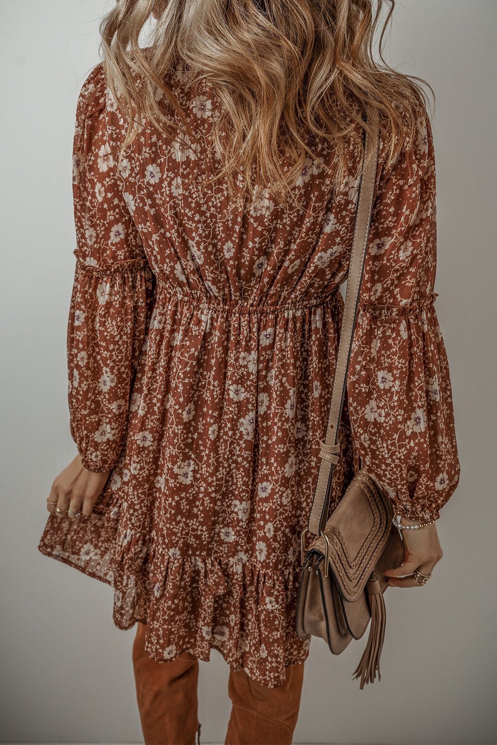 Boho Floral Ruffled Puff Sleeve V Neck Dress, S-XL