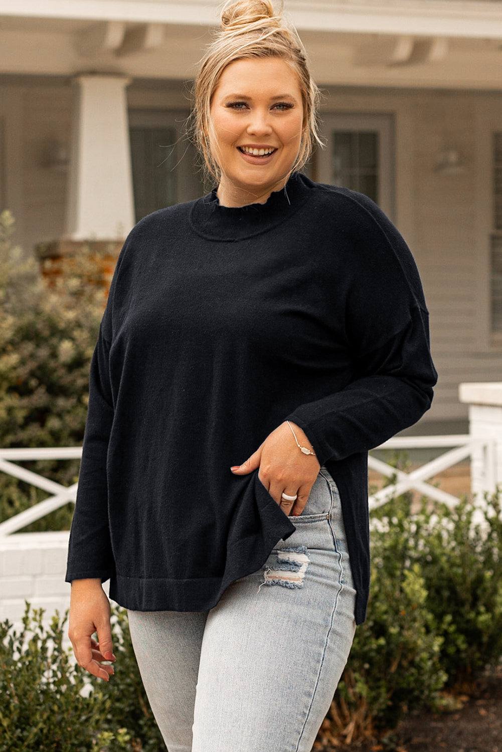 Side Slits High Neck Loose Sweater, 1XL-3XL