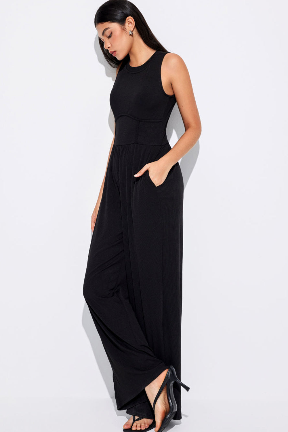 Cinched Waist Sleeveless Wide Leg Jumpsuit, S-XL