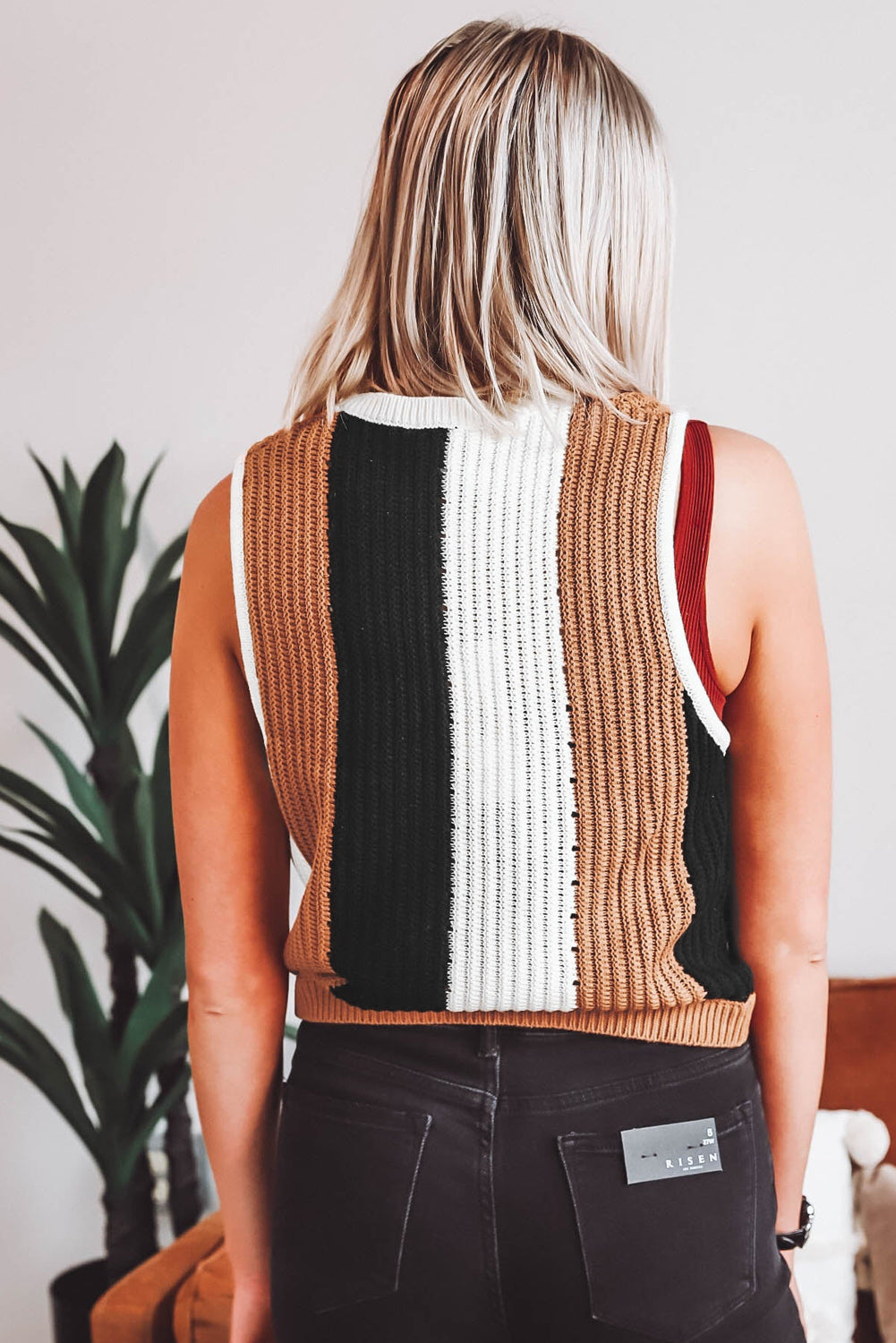 Stripe Color Block Sleeveless Knitted Sweater Vest, S-XL