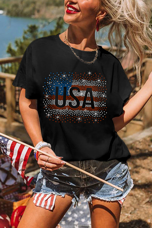 Rhinestone America Flag USA Graphic T Shirt, S-2XL