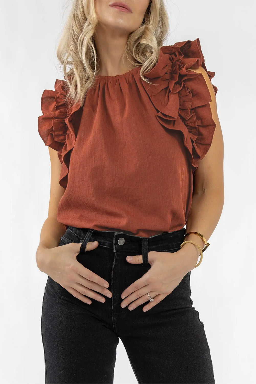 Ruffle Trim Sleeveless Blouse, S-XL