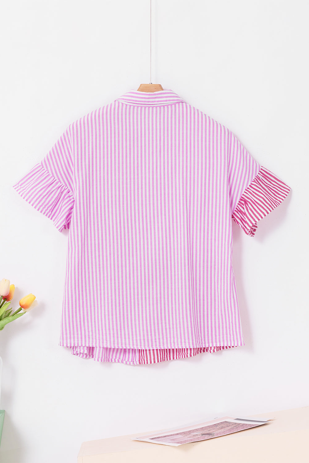 Striped Patchwork Ruffled Hem Button up Shirt, S-XL