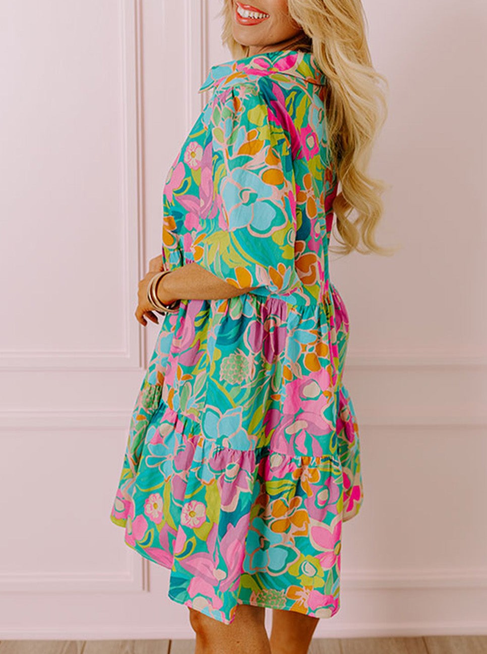 Floral Print Puff Sleeve Tiered Shirt Dress, 1XL-3XL