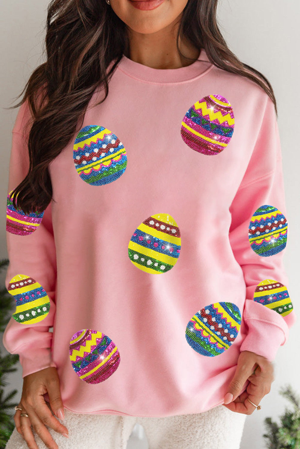 Eater Egg Sequin Patched Crew Neck Sweatshirt, S-2XL, several color choices