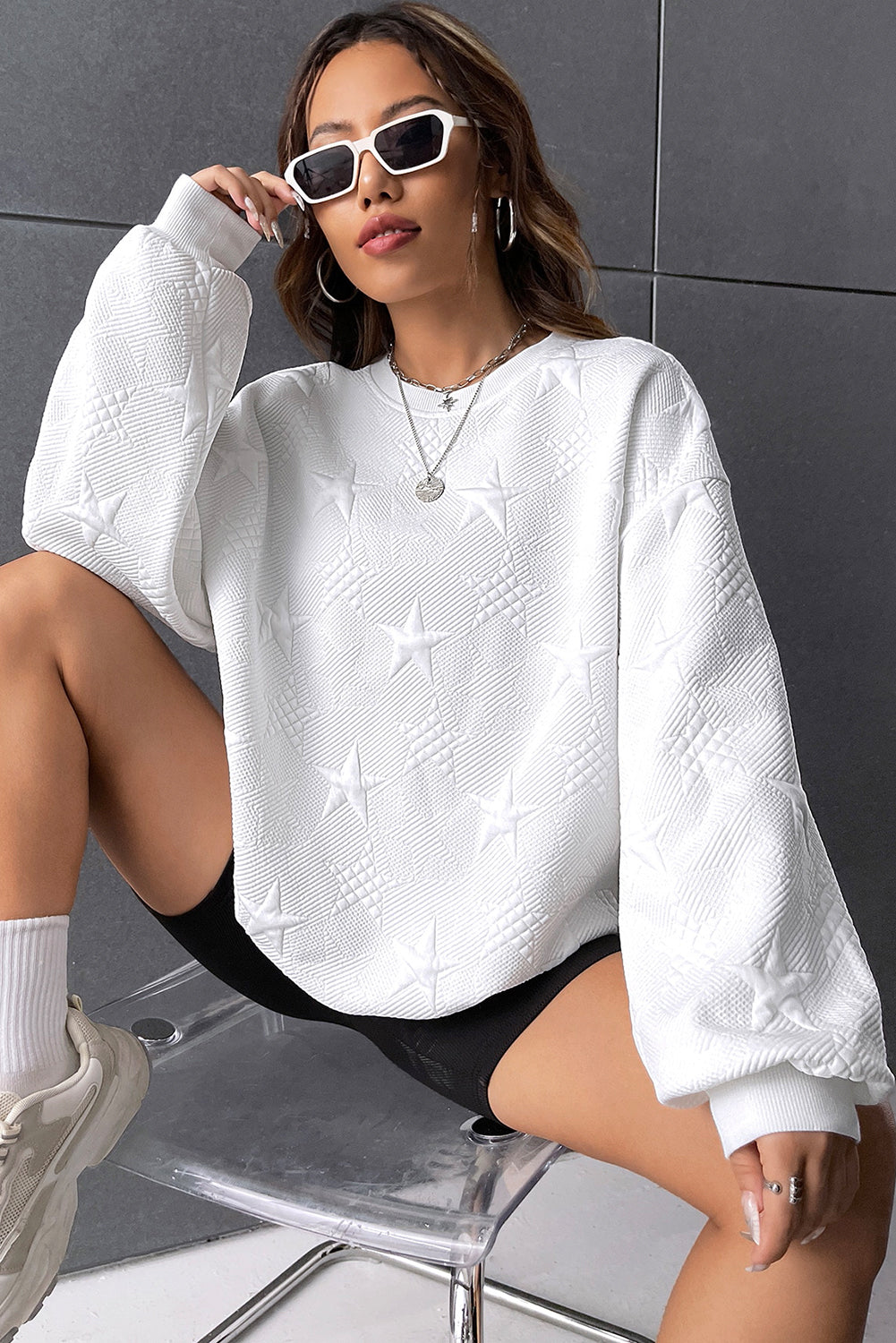 Star Embossed Textured Sweatshirt, S-XL, three color choices