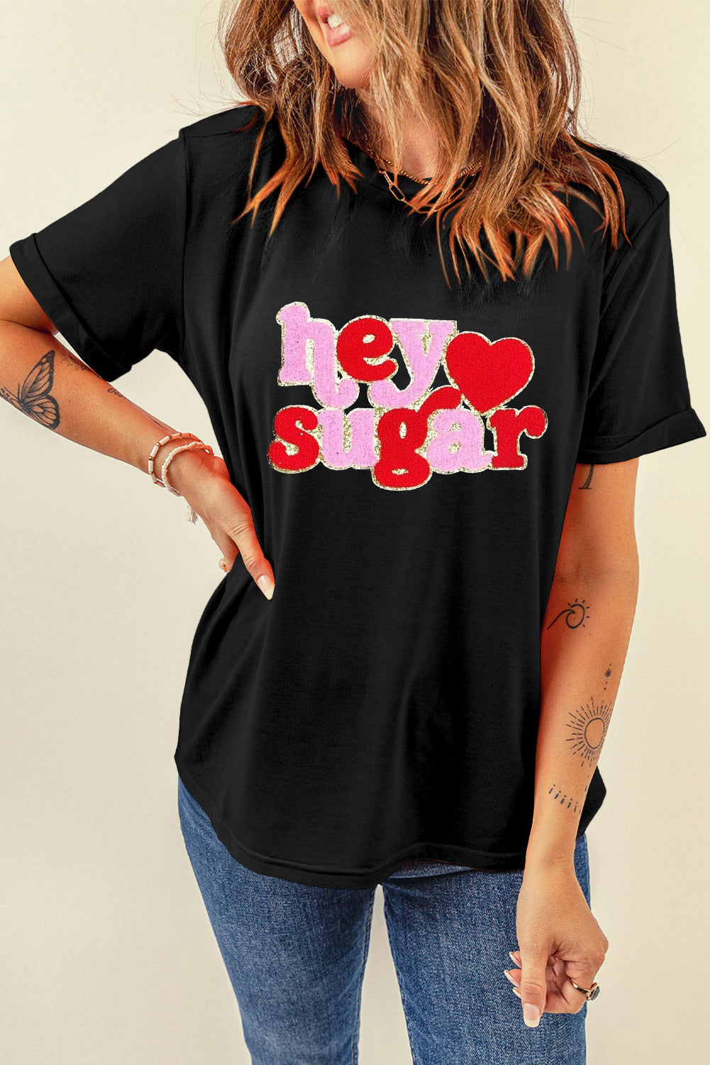 Hey Sugar Chenille Heart Patched Crewneck Valentines Tee