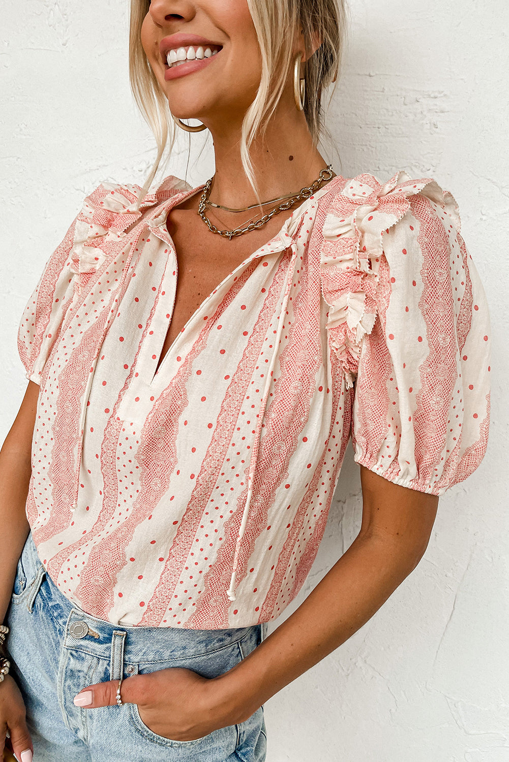 Frilled Short Puff Sleeve Mixed Print Blouse, S-XL