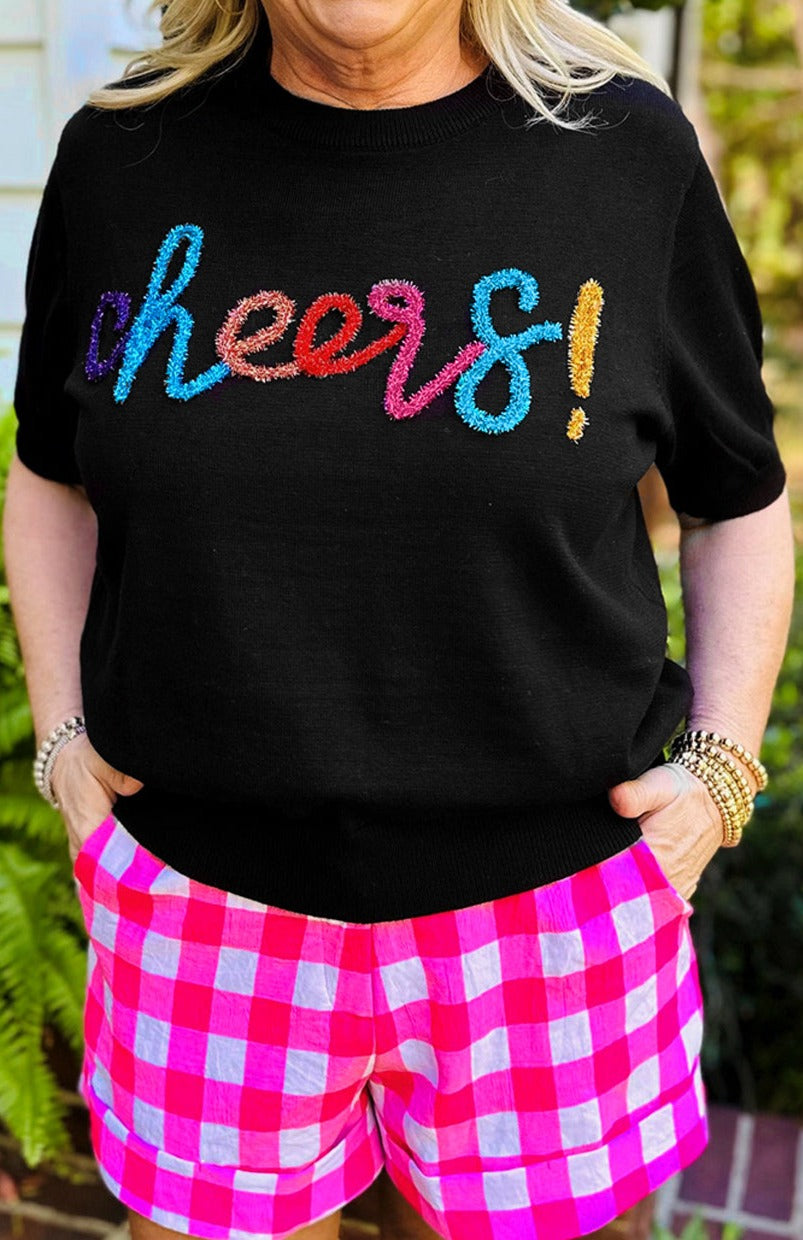 Cheers Glitter Tinsel Short Sleeve Sweater, 1XL-3XL