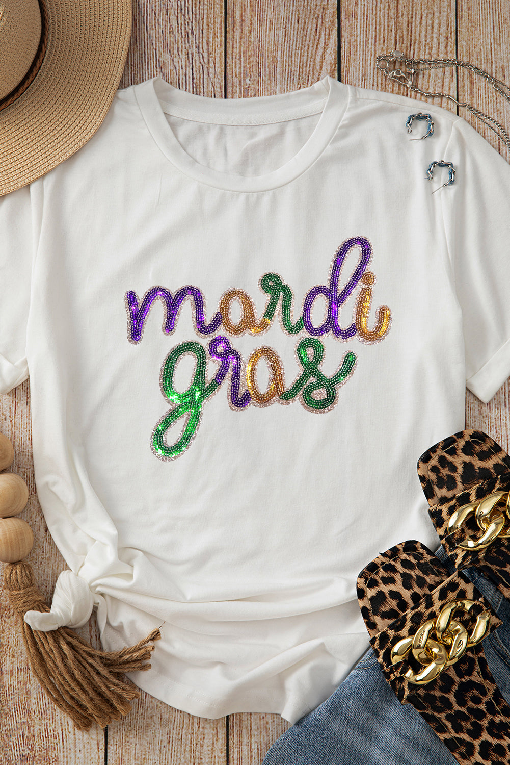 Here For The Mardi White Sequin Mardi Gras T Shirt