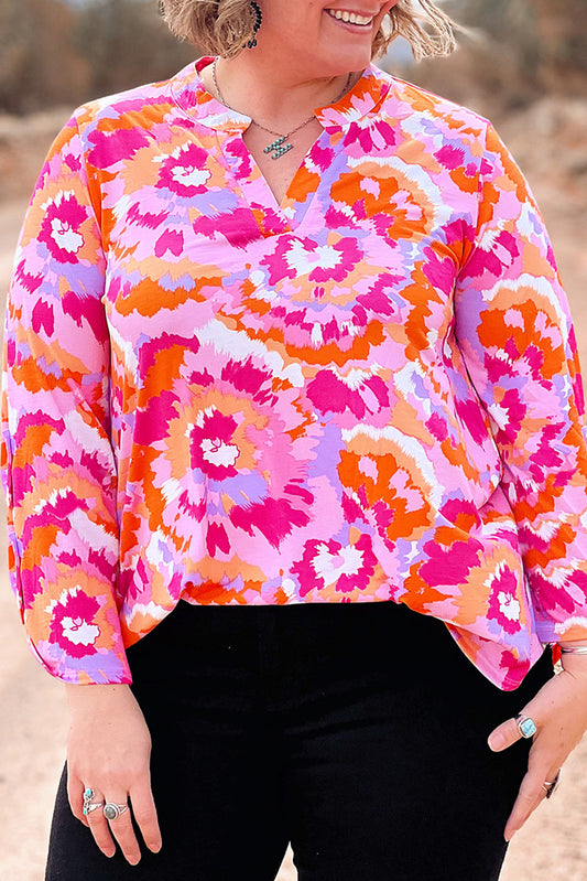 Abstract Floral Print V Neck Blouse, 1XL-4XL