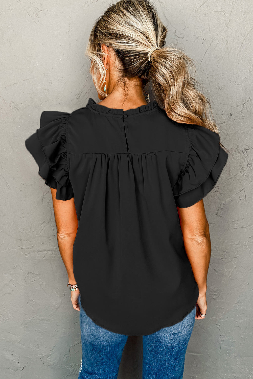 Smocked Ruffle Sleeve Blouse, S-XL, two color choices