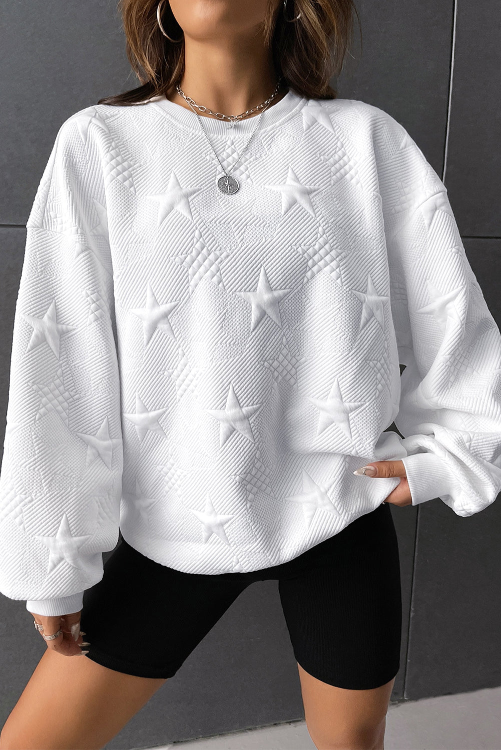 Star Embossed Textured Sweatshirt, S-XL, three color choices