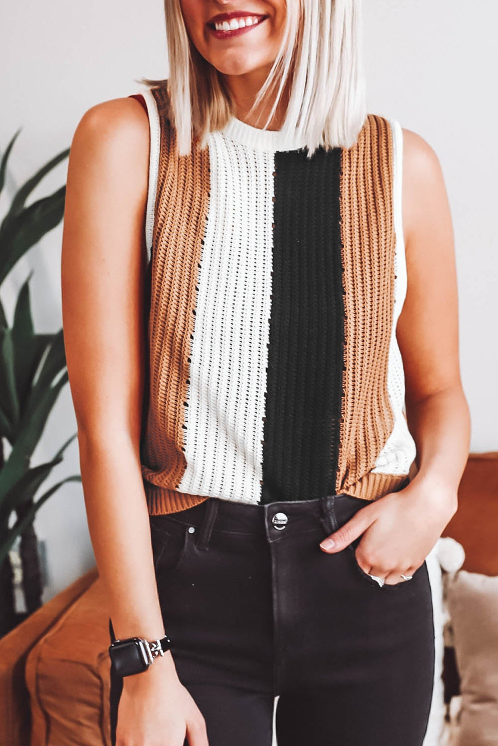 Stripe Color Block Sleeveless Knitted Sweater Vest, S-XL