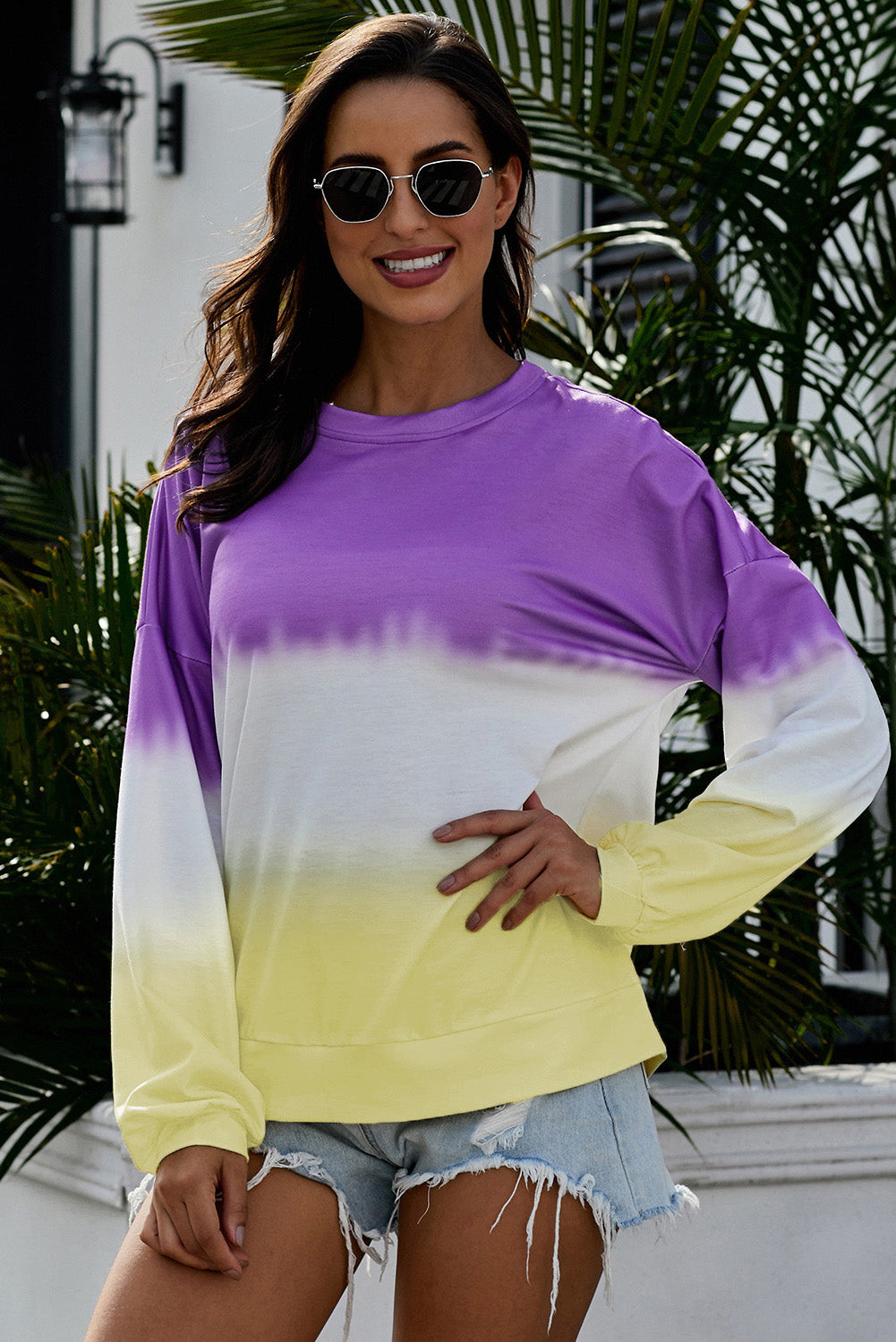 Purple and Gold Color Block Tie Dye Sweatshirt, S-2XL