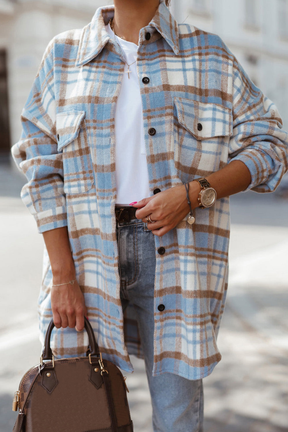 Sky Blue Plaid Shacket, S-2XL