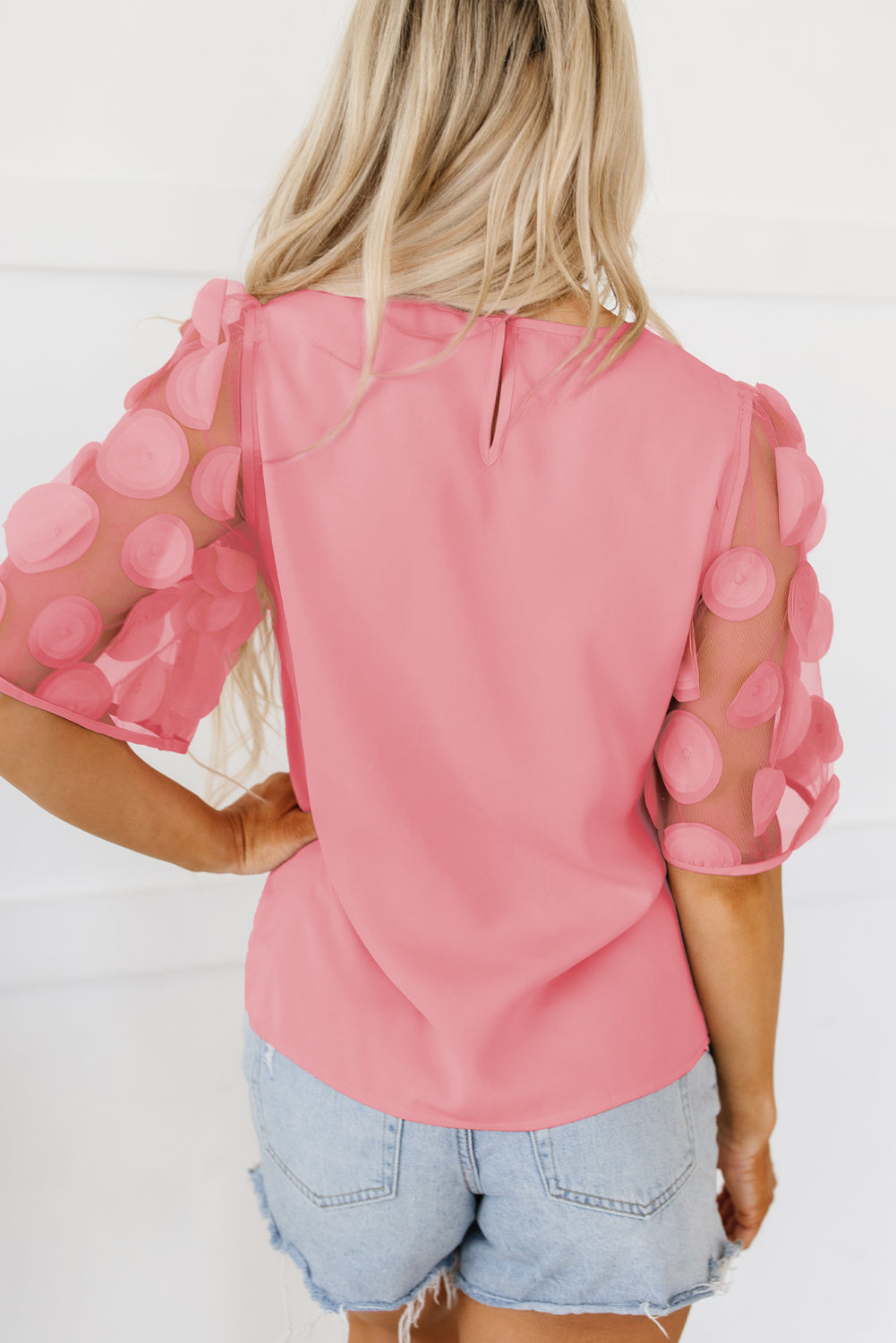 Contrast Applique Mesh Half Sleeve Blouse, S-XL, two color choices