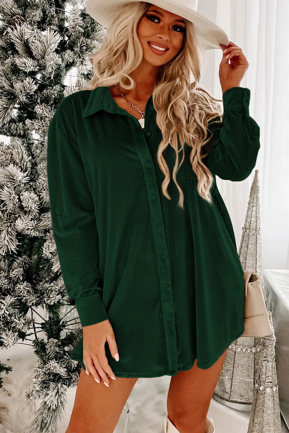 Velvet Button Front Shirt Dress, S-2XL