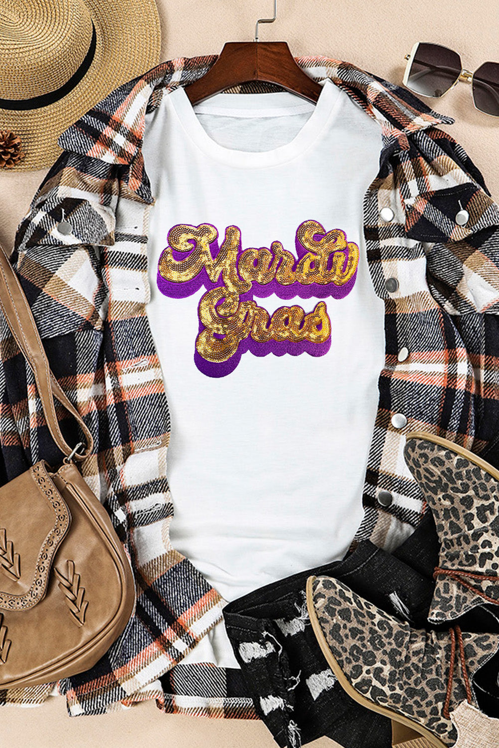 Mardi Gras Sequin Graphic T-shirt, S-2XL