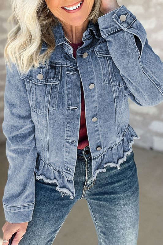 Ruffle Raw Hem Flap Pockets Denim Jacket, S-2XL