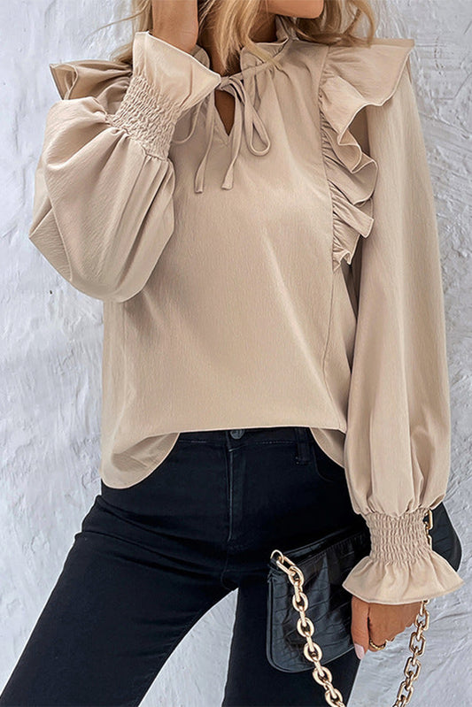 Khaki Ruffled Lace up Bubble Sleeve Blouse, S-XL