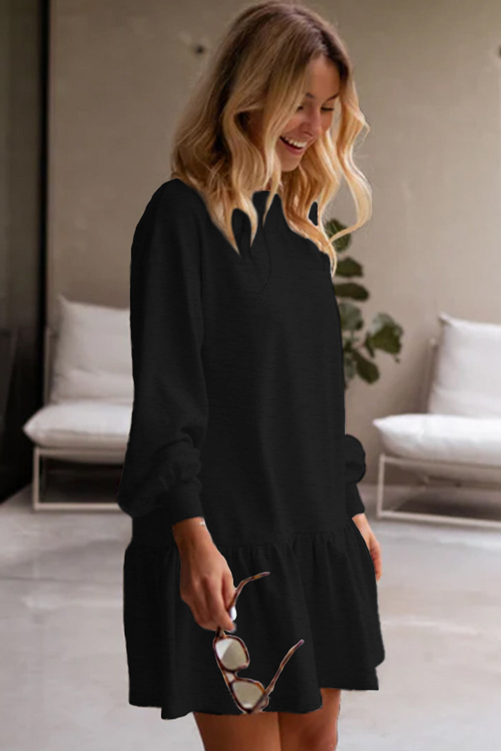 Ruffle Hem Mini Sweatshirt Dress, S-XL