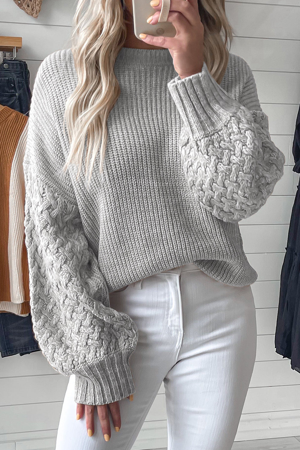 Cable Knit Sleeve Drop Shoulder Sweater, S-XL, two color choices