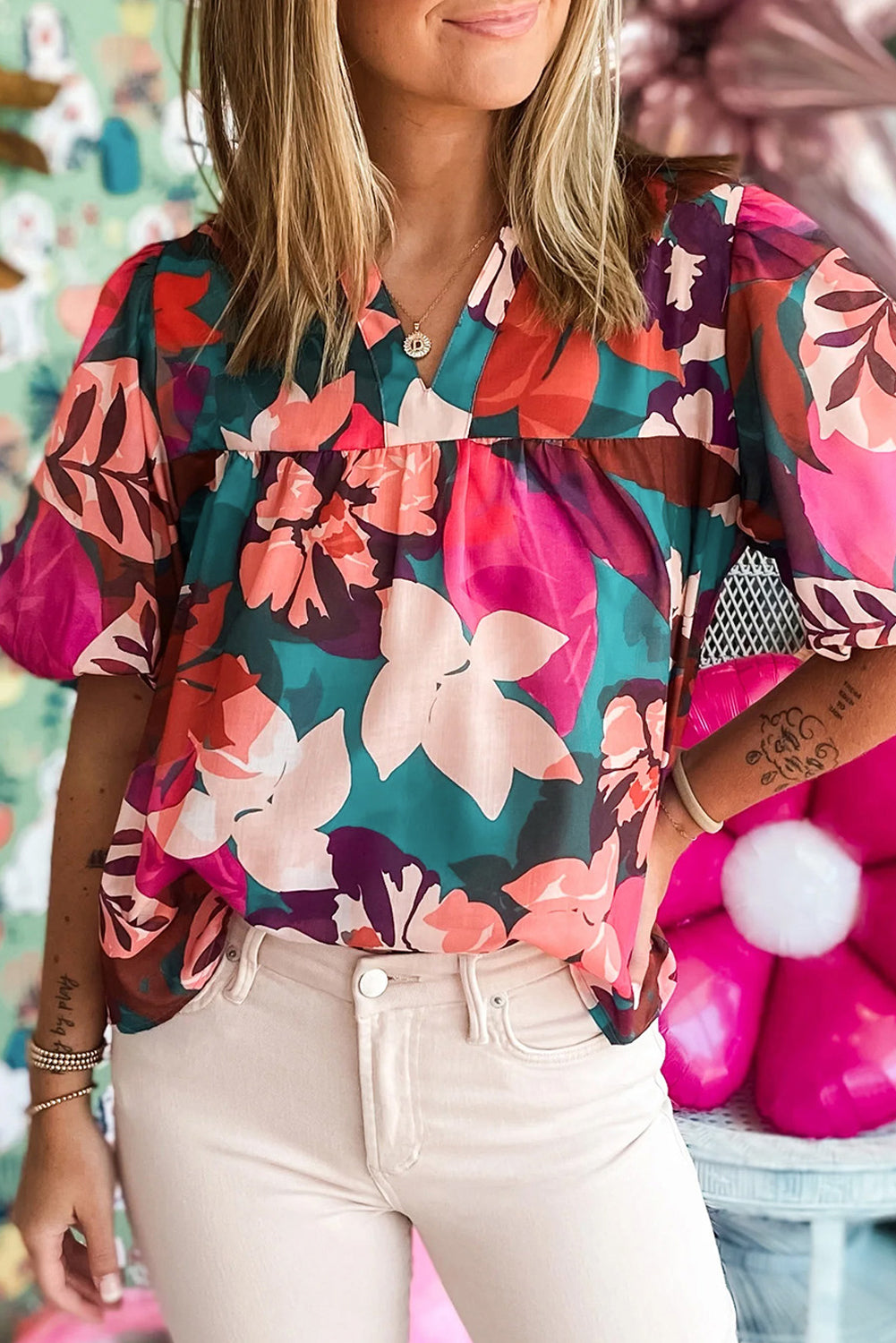 Floral Print Puff Sleeve Notched V Neck Blouse, S-XL