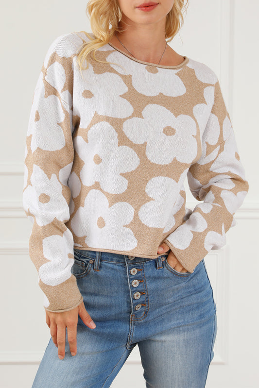 Flower Pattern Cropped Sweater, S-XL