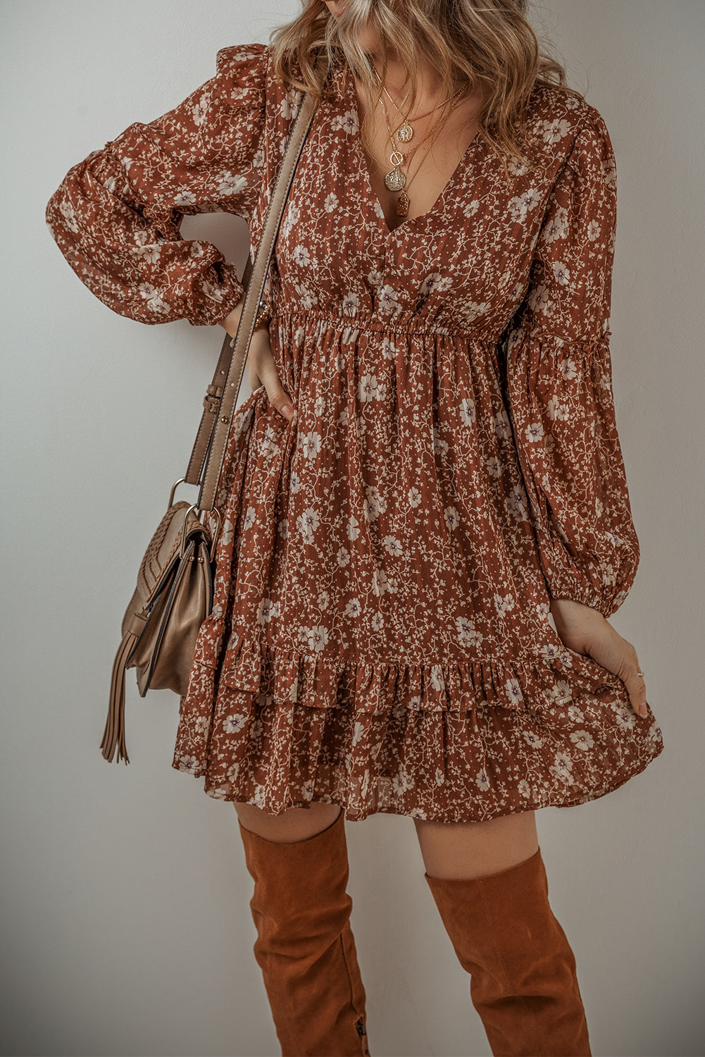 Boho Floral Ruffled Puff Sleeve V Neck Dress, S-XL