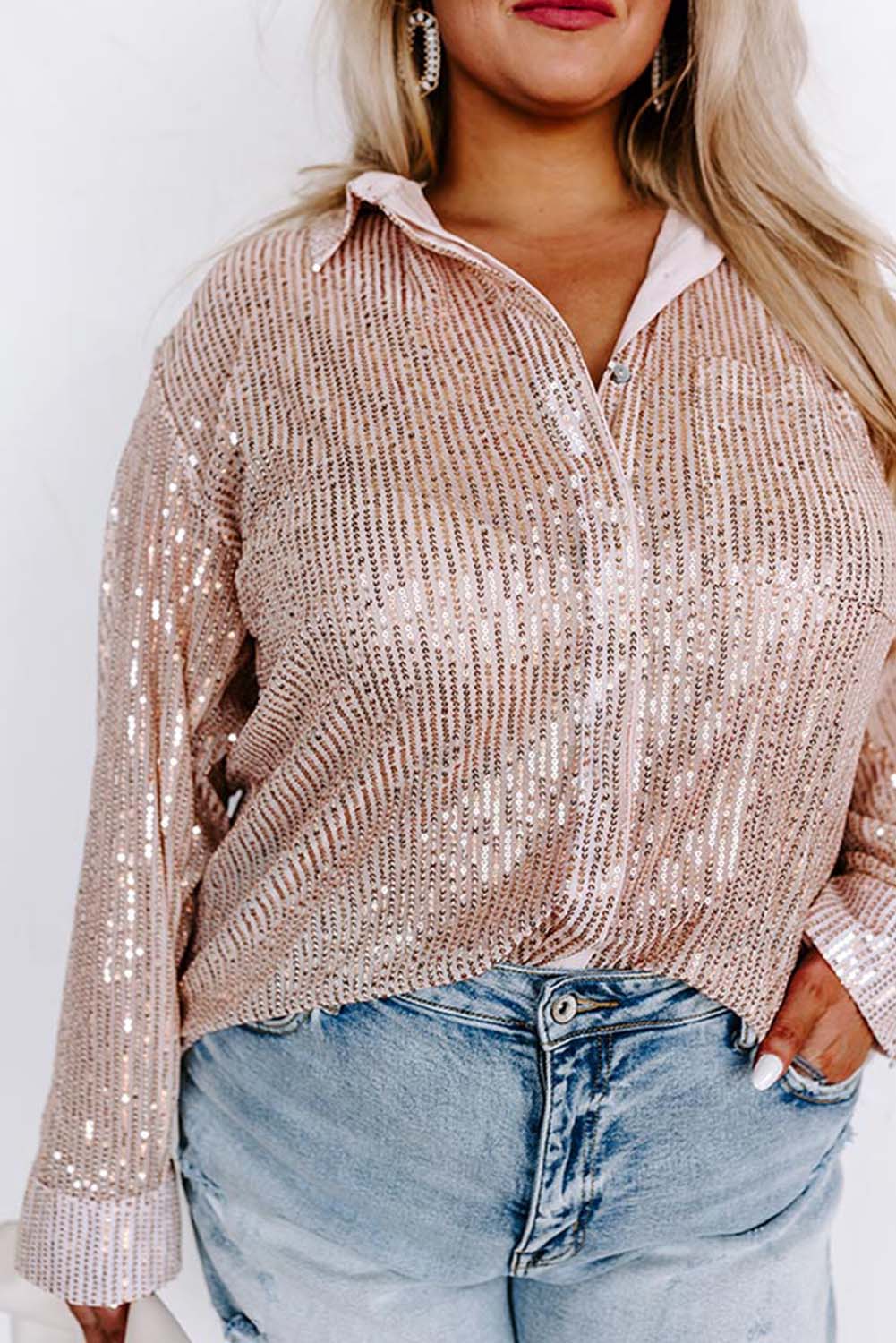 Apricot Sequin Long Sleeve Button-Up Shirt, 1XL-3XL