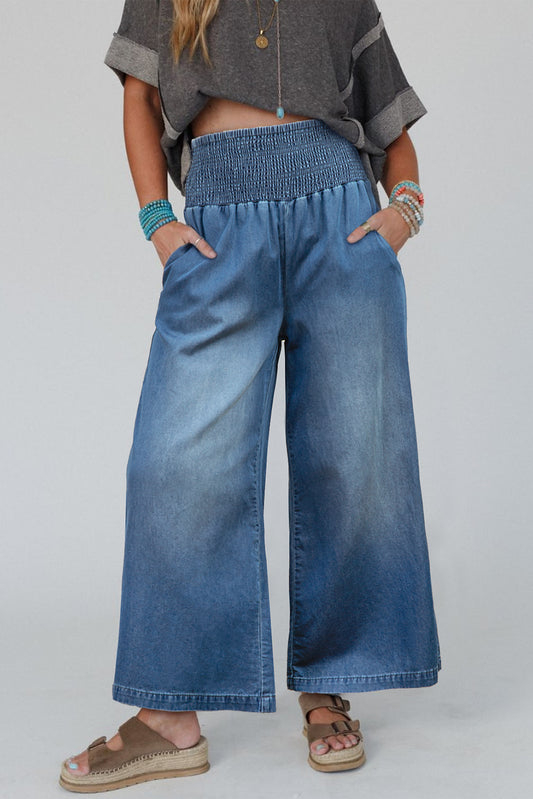 Smocked Waist Wide Leg Jeans, S-2XL