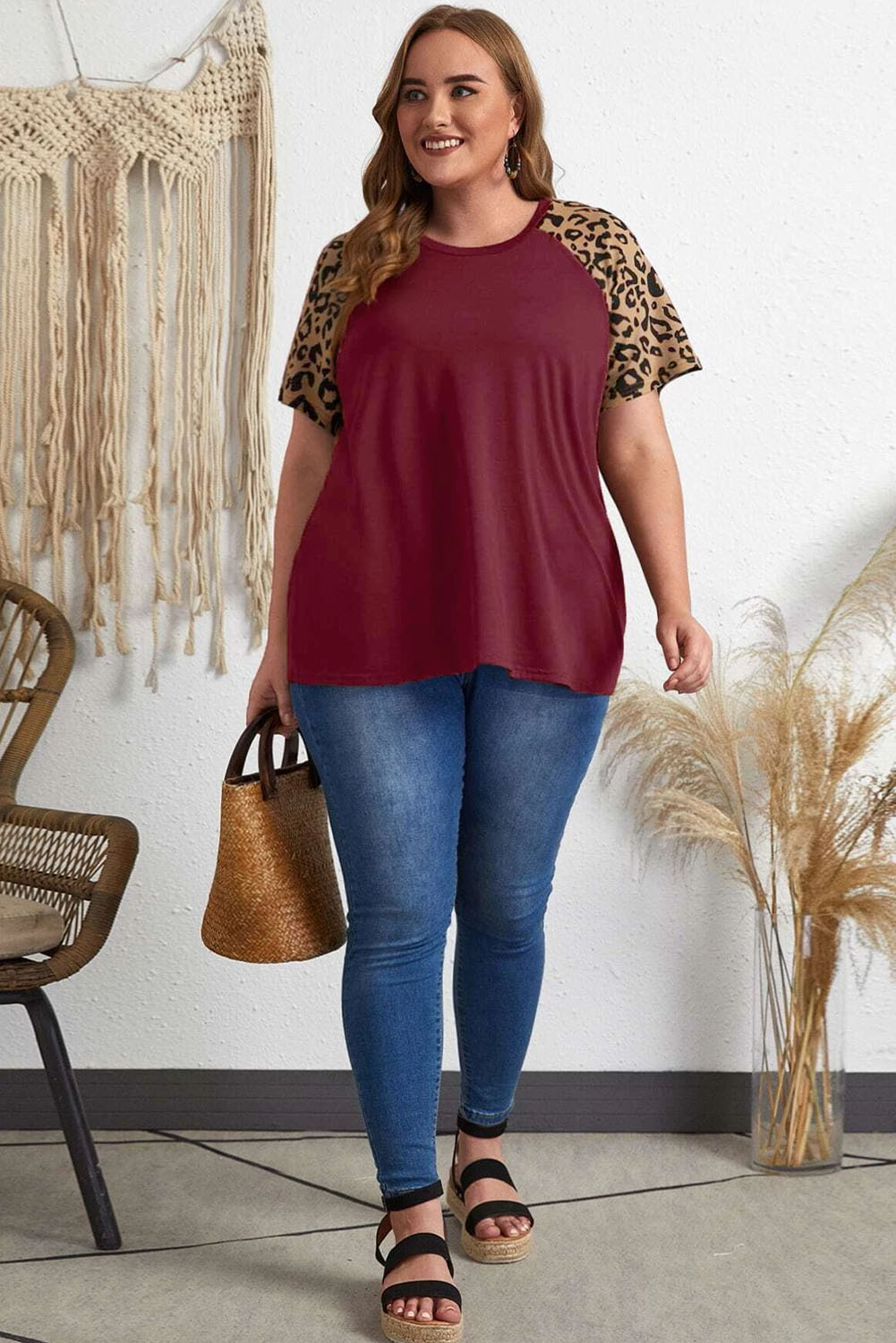 Leopard Raglan Sleeve T-shirt, 1XL-3XL