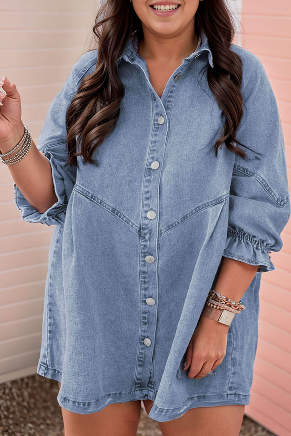 Ruffled 3/4 Sleeve Buttoned Front Denim Dress, 1XL-3XL