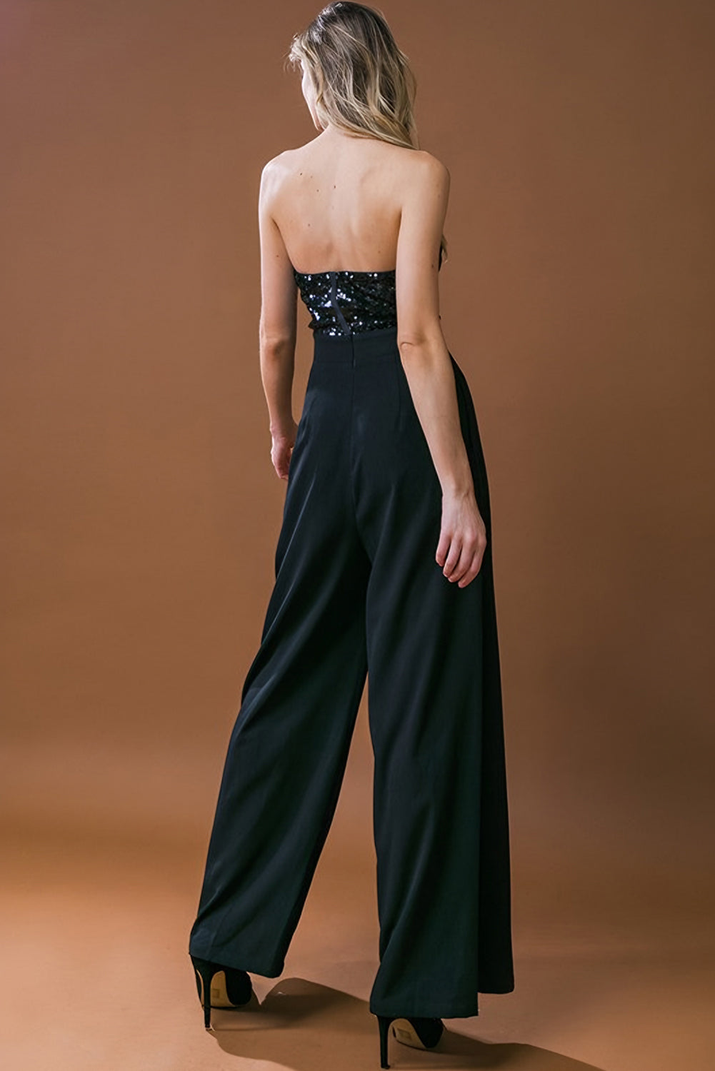 Black Sequin Tube Top Wide Leg Jumpsuit, S-XL