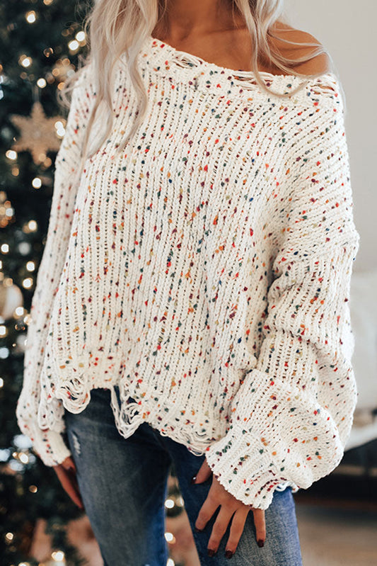 Colorful Confetti Distressed Knit Sweater, S-XL