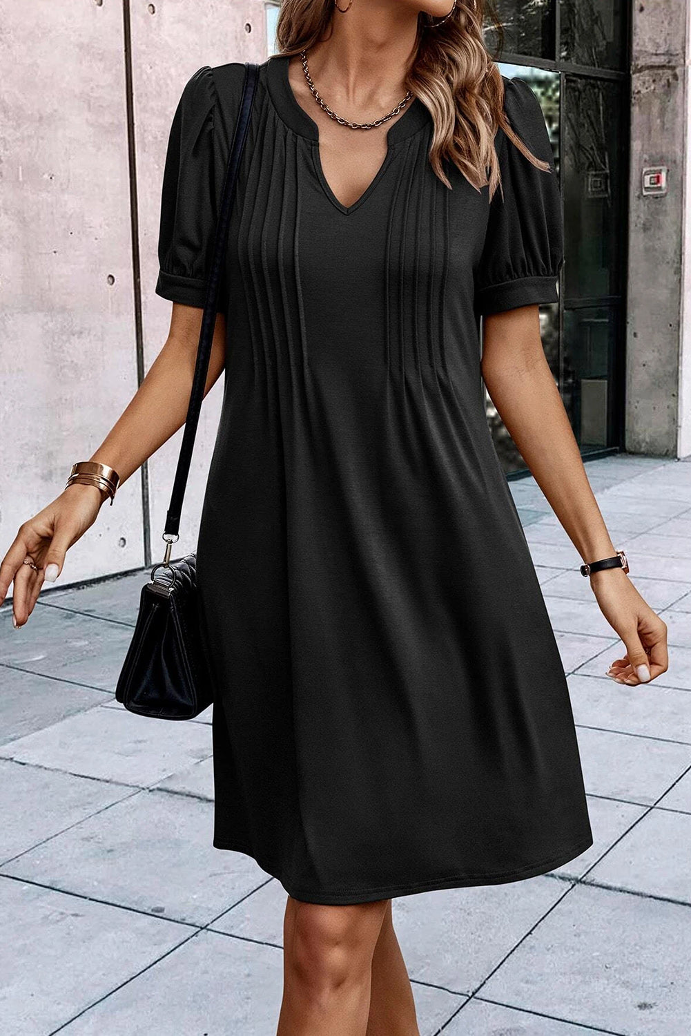 Notched Neck Pleated Puff Sleeve Shift T-shirt Dress, S-XL