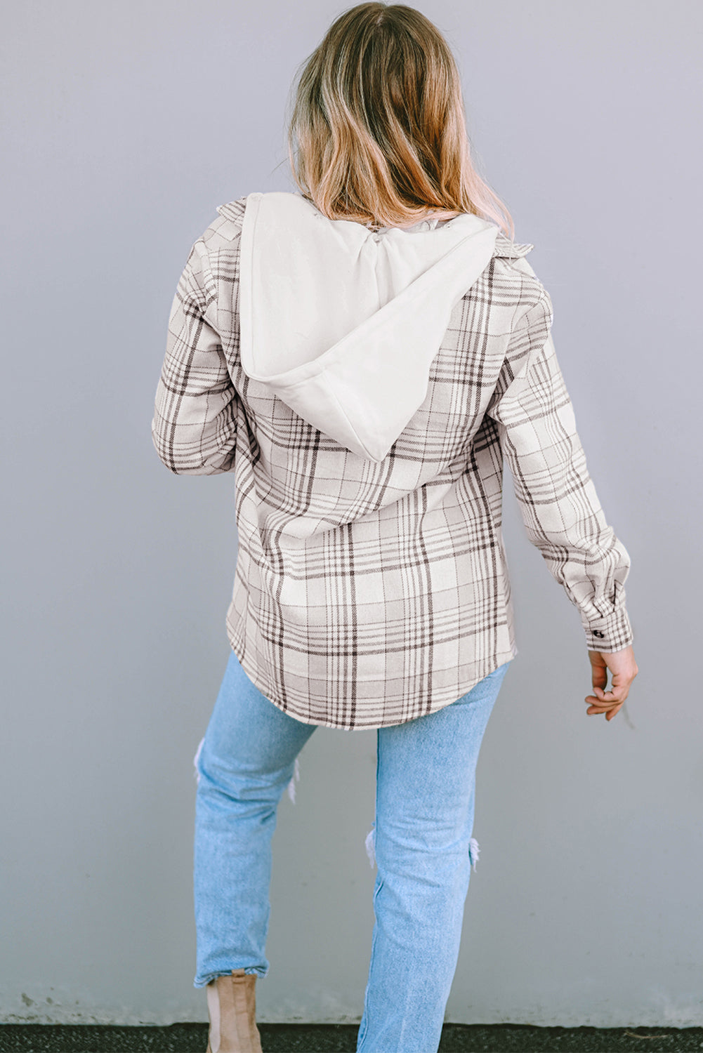 Plaid Removable Hood Buttoned Shacket, S-2XL