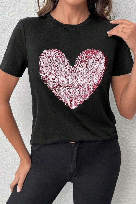 Sequin Heart Shaped Crew Neck T Shirt, S-2XL