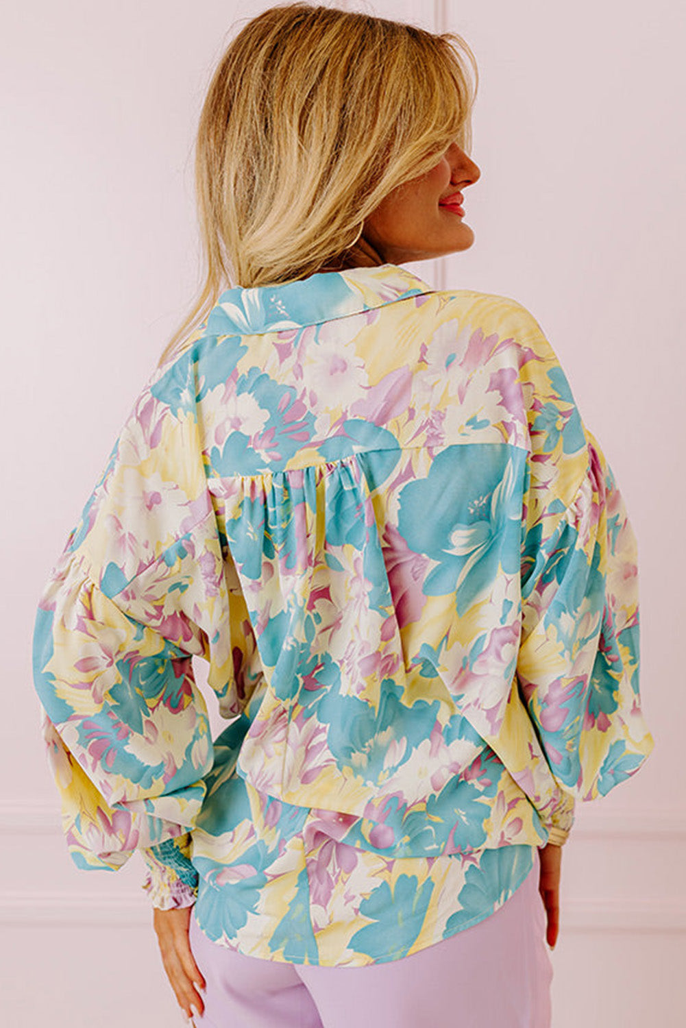 Floral Allover Print Shirred Cuff Oversized Shirt, S-XL