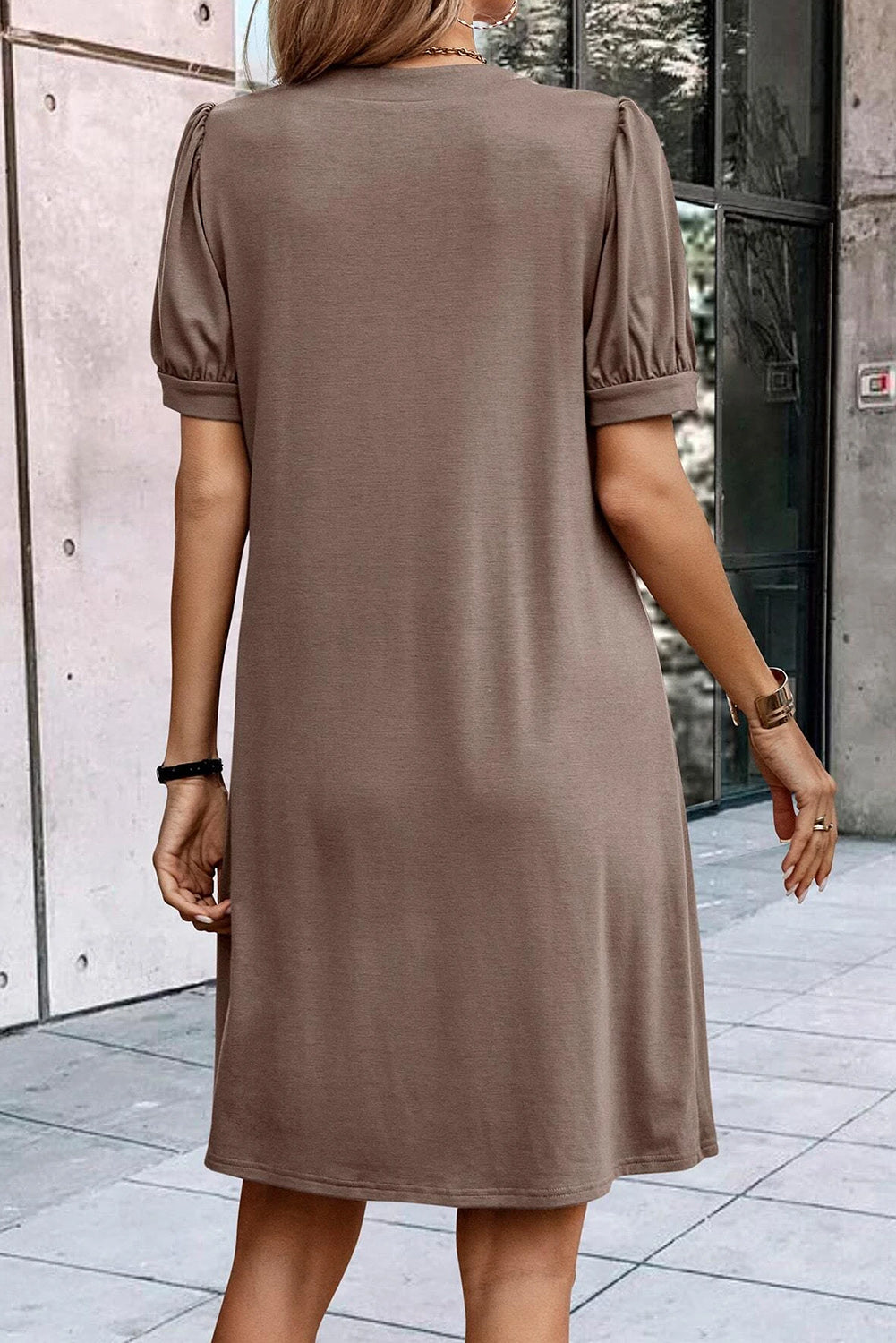 Notched Neck Pleated Puff Sleeve Shift T-shirt Dress, S-XL