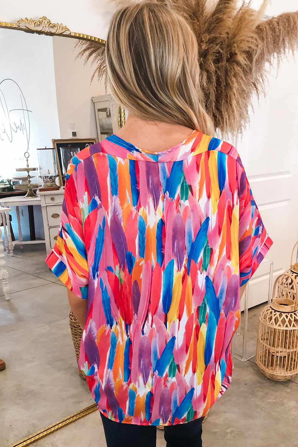 Multicolour Feather Print V Neck Blouse, S-XL